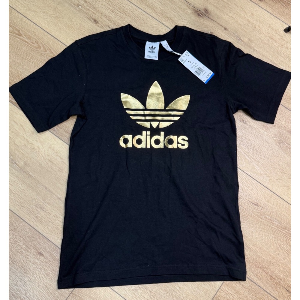 Adidas Originals Trefoil Tee Mens Small Black Gold Foil Logo T-Shirt JD0945 NEW